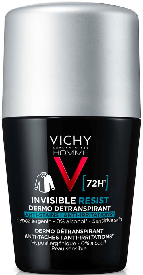 Eine schwarze und silberne Vichy Homme Deodorantflasche mit weißen und blauen Texten, für empfindliche Haut.