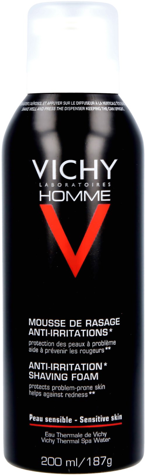 Eine schwarze und weiße Flasche mit Vichy Homme und rotem 'V'. Es ist Rasiercreme für sensible Haut, 200 ml.