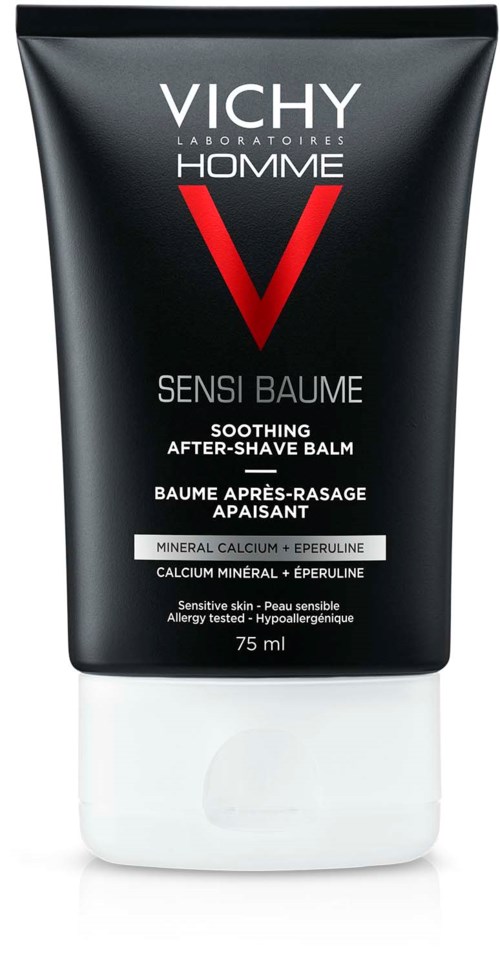 Black tube of Vichy Homme Sensi Baume soothing after-shave balm with white, red, and grey text.