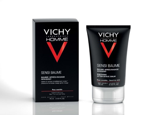 Vichy Homme Sensibio Balm and its box, black and red packaging, with product name and details.