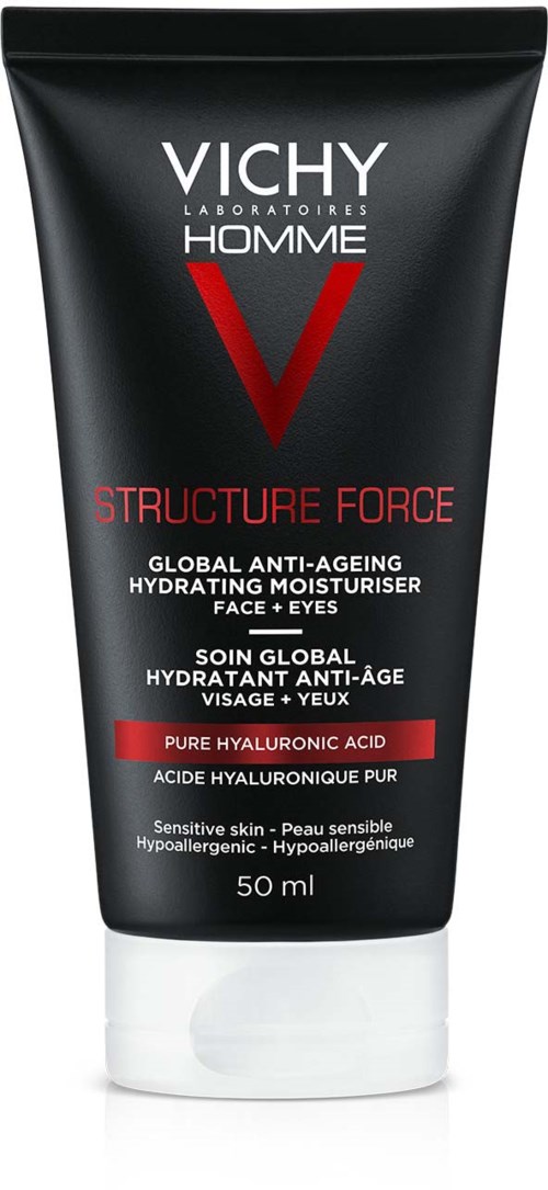 Eine schwarze Tube mit weißen und roten Text, beschriftet Vichy Homme Structure Force, ein feuchtigkeitsspendender Moisturizer mit Hyaluronsäure.