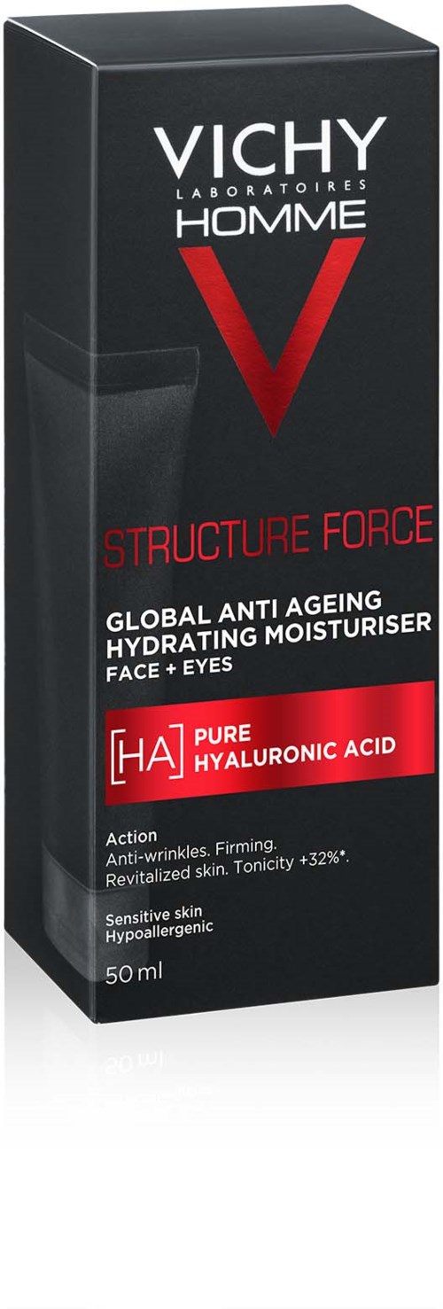 Schwarze und rote Verpackung von Vichy Homme Structure Force Feuchtigkeitscreme für Gesicht und Augen, enthält Hyaluronsäure, 50 ml.