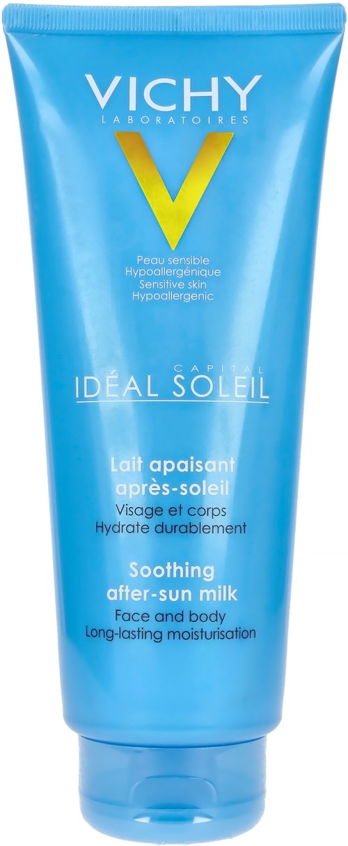 Blaue Tube mit beruhigender After-Sun-Milch für Gesicht und Körper, geeignet für empfindliche, zarte Haut, bietet langanhaltende Feuchtigkeit.