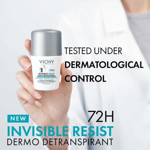 A hand holds a Vichy deodorant spray with text about being tested, dermatological control, and 72-hour invisible resist.