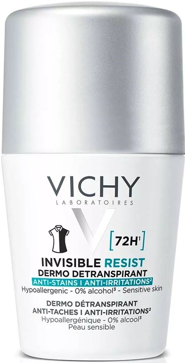 A white and silver bottle of Vichy invisible anti-irritation deodorant, lasts 72 hours, suitable for sensitive skin.