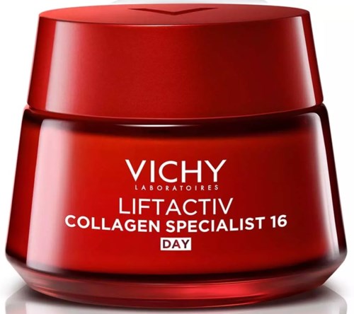 Roter Behälter mit Vichy Liftactiv Collagen Specialist 16 Day-Schrift.