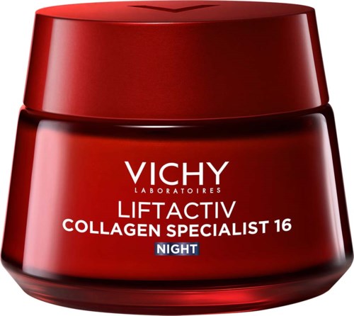 Roter Behälter mit weißen und blauen Texten für Vichy Liftactiv Collagen Nachtcreme.
