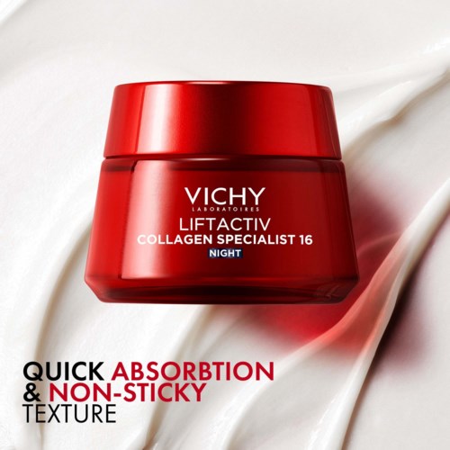 Roter Behälter mit Vichy-Hautpflegeprodukten, weißer und blauer Text, auf cremigem Hintergrund.