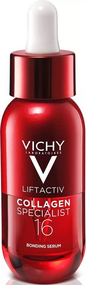 Rote Flasche mit Pipettendeckel, beschriftet Vichy Liftactiv Collagen Specialist 16 Bonding Serum.