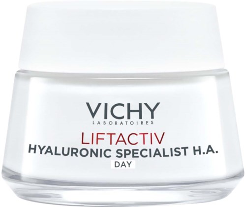 Weiße Dose von Vichy Liftactiv Hyaluronic Tagcreme mit Text.