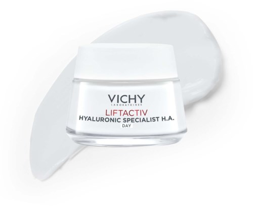 Vichy Liftactiv Hyaluronsäure Creme-Topf mit Creme im Hintergrund.