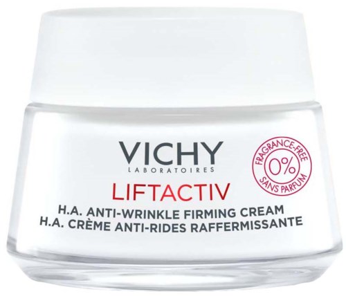 Vichy Liftactiv Anti-Falten Creme, parfumfrei, in einem weißen Behälter mit schwarzen und roten Text, glättet Falten.