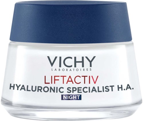 Vichy Liftactiv Nachtcreme für die Haut mit Hyaluronsäure in einem weißen Behälter mit dunklem blauen Deckel.