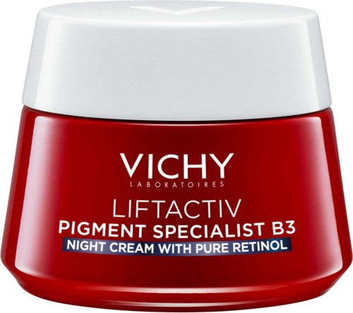 Roter Becher mit Vichy-Hautpflegecreme und weißem Deckel. Für Nacht mit Retinol und B3.