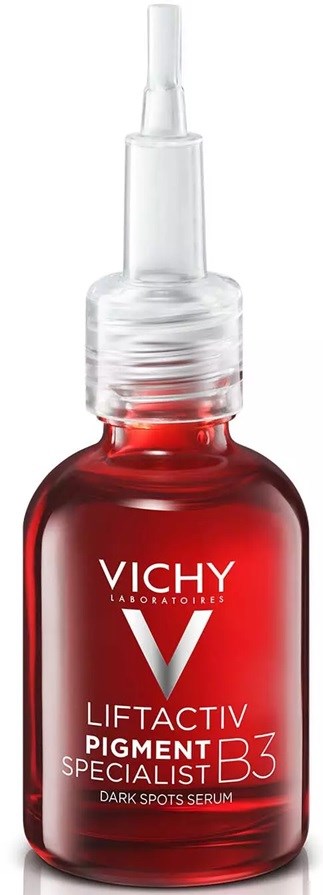 Eine rote Flasche mit Tropferkappe, gekennzeichnet Vichy Pigment Specialist B3, dunkle Flecken Serum.