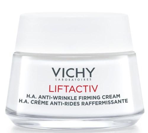 Ein weißer Behälter mit Vichy Liftactiv Anti-Falten-Feuchtigkeitscreme, weißer Deckel, schwarzes, rotes und graues Etikett.