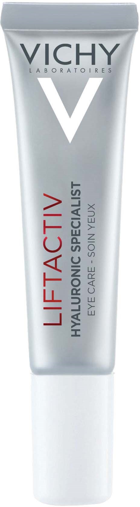 Ein silberfarbener Tube mit Vichy Liftactiv Hyaluronic für die Augenpflege, Schwerpunkt auf Hautpflege und Luxus.