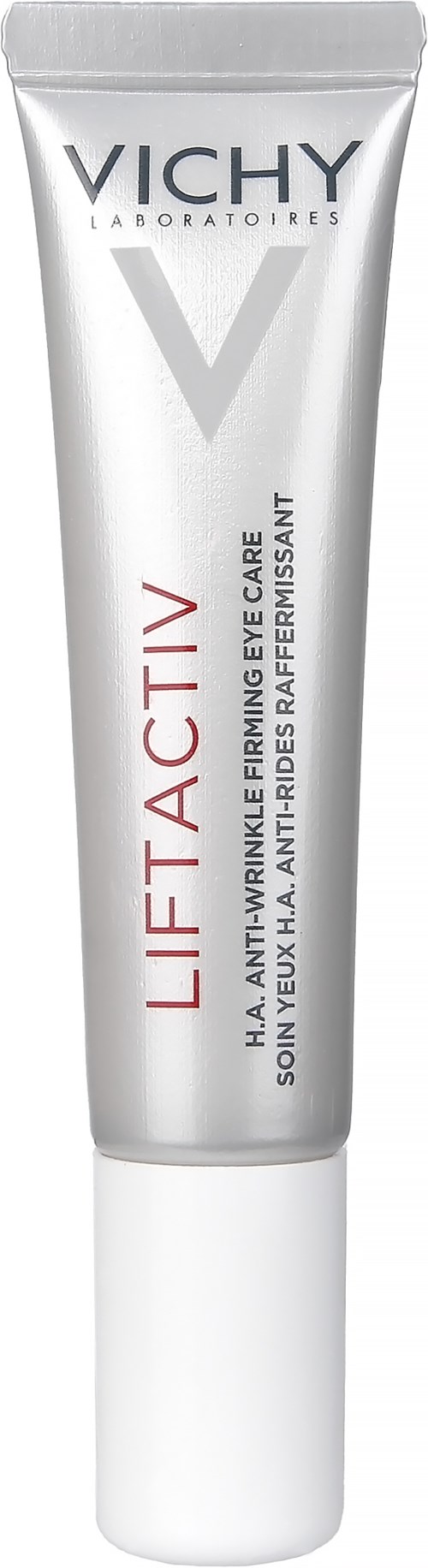 Eine weiße Tube Vichy Liftactiv Hautpflege mit roten und schwarzen Text, für anti-aging Augenpflege.
