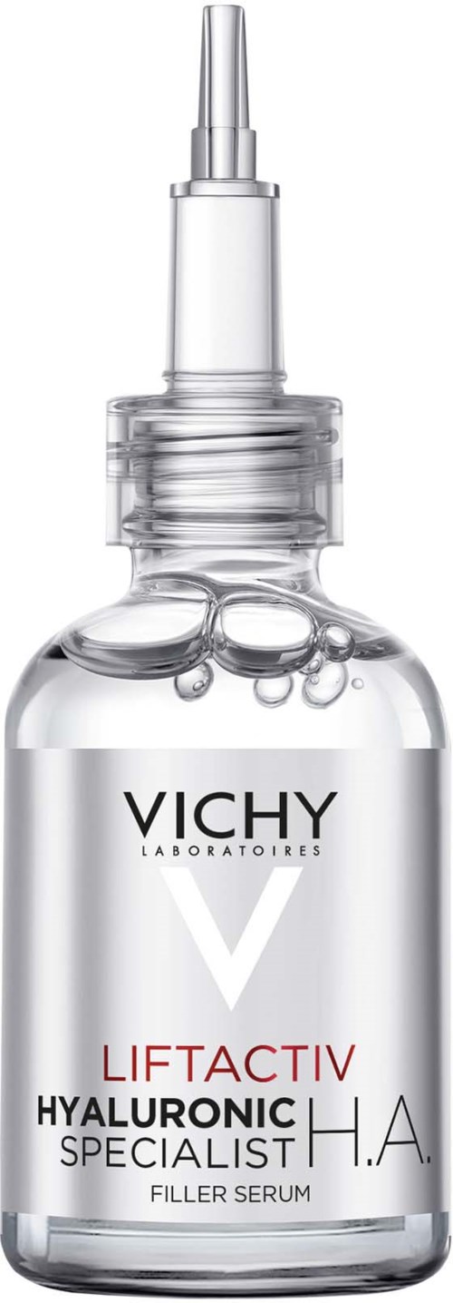 Eine klare Serumflasche mit feiner Spitze, beschriftet Vichy Liftactiv Hyaluronic Specialist, enthält Füllserum.