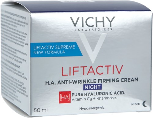 Vichy Liftactiv Nachtcreme mit Hyaluronsäure, Vitamin C für faltenreduzierte straffe Haut.
