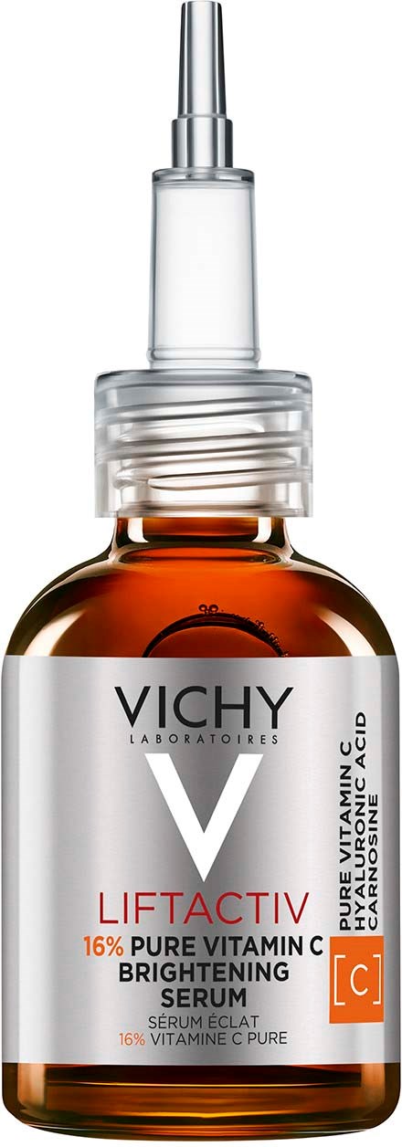 Kleine braune Glasflasche mit Sprühaufsatz, gekennzeichnet Vichy Liftactiv, mit Vitamin-C-Serum für die Haut.