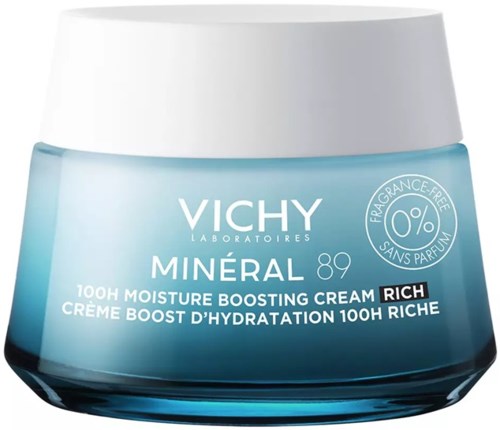 Vichy Mineralcreme in blauer Dose mit weißem Deckel, spendet Feuchtigkeit, parfumfrei, gekennzeichnet 'Minéral 89' und 'Rich.'