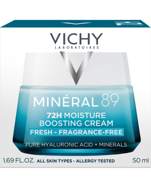 Vichy Mineral 89 Cremeflasche mit Angaben zu Feuchtigkeit, parfumfrei und Inhaltsstoffen für alle Hauttypen.