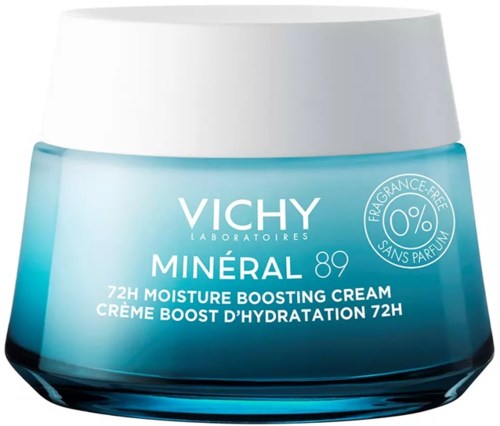 Eine blaue Creme-Dose mit weißem Deckel, vichy, für Hauthydratation, duftfrei, 72 Stunden Feuchtigkeitsboost.