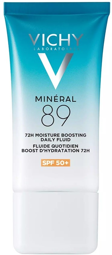 Blauwe en witte tube van Vichy Mineral 89, moisturiser met SPF 50+, voor hydratatie en zonnebescherming.