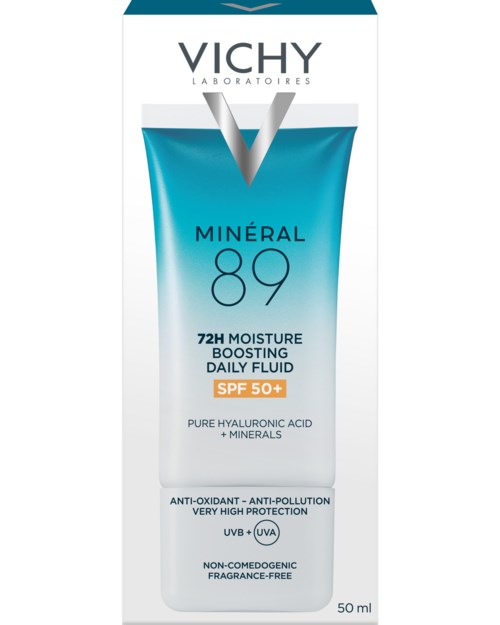 Een tube Vichy Mineral 89 vochtincreme met SPF 50+ voor hydratatie en bescherming van de huid.