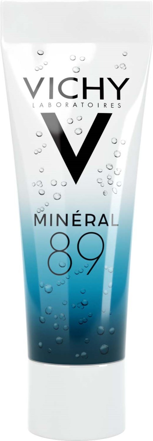 En vit tub med blå design och bubblor, märkt Vichy mineral 89 för hudfuktning.