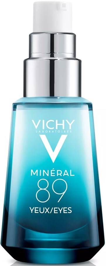 Blue glass bottle with a white pump, labeled 'Vichy Mineral 89 Eyes/Eyes', used for skincare.