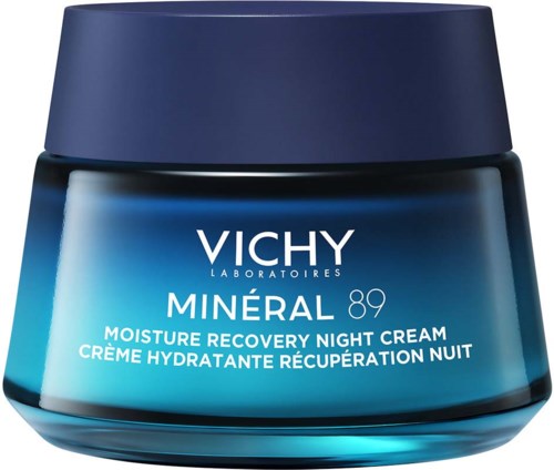 A blue jar of Vichy Minéral 89 Moisture Recovery Night Cream with a dark blue lid.