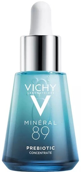 Blaues Glasflasche mit weißer Pipette, beschriftet Vichy Mineral 89 Prebiotic Concentrate.