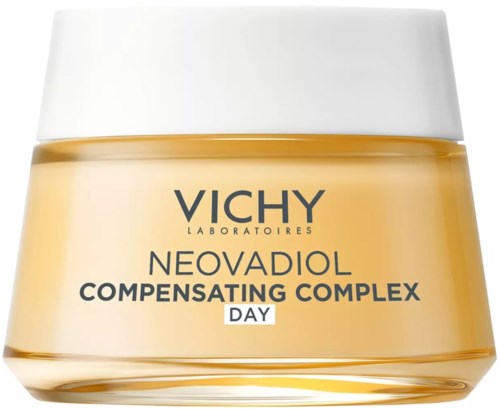 Ein Glas Vichy Neovadiol Day-Creme, hellgelbe Farbe, mit weißem Deckel und schwarzem Text.