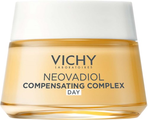 Ein Glas Vichy Neovadiol Compensating Complex Day Creme, gelblich mit weißem Deckel.