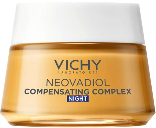 Ein Glas Vichy Hautpflegecreme Neovadiol, für die Nacht. Das Glas ist golden mit weißem Deckel.