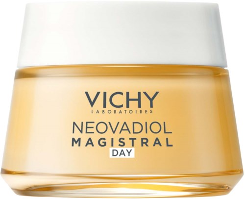 Ein Glas mit Vichy Neovadiol Magistral Day Creme, weißer Deckel, gelbes Behältnis.