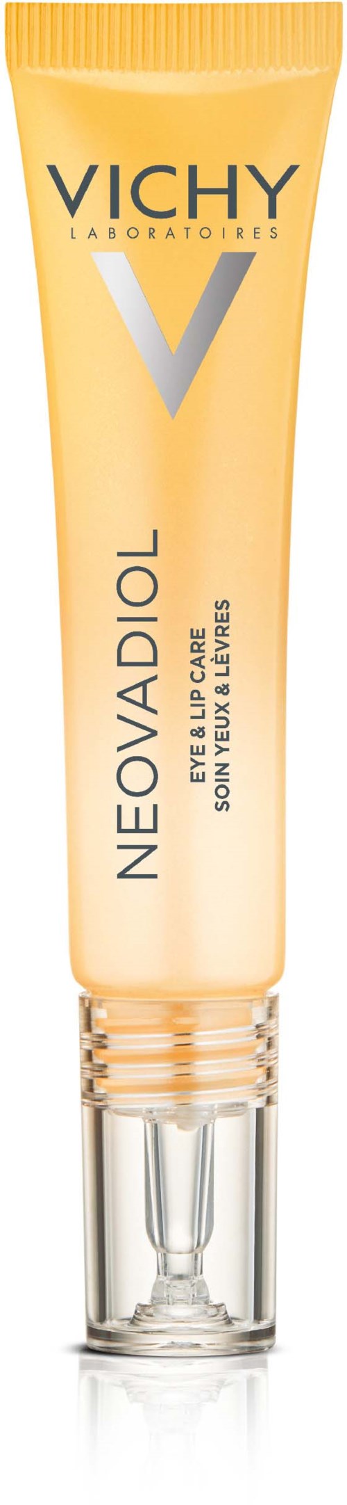 Vichy Neovadiol Augencremetube, gelbe Verpackung mit Silberkappe, zur Reduzierung von Altersanzeichen um die Augen.