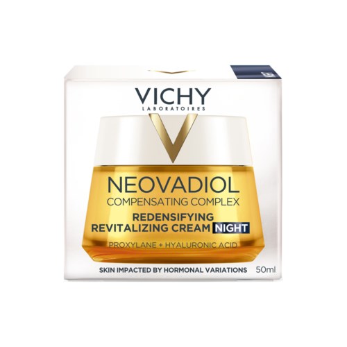 Zwei Gläser Vichy Neovadiol Hautcreme, gekennzeichnet 'Before' und 'After' mit sichtbarer Hautverbesserung.