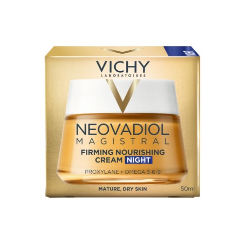Vergelijking van huidverzorgingsverpakkingen voor en na update, toont verandering in verpakking voor Vichy Neovadiol nachtcrème.