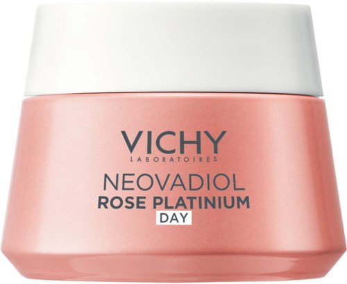 Rosa Glas mit weißem Deckel, mit Vichy Neovadiol Rose Platinum Day Beschriftung.