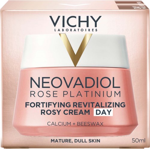 Eine rosa Gesichtscreme, genannt Neovadiol Rose Platinum, von Vichy, für reife, stumpfe Haut.