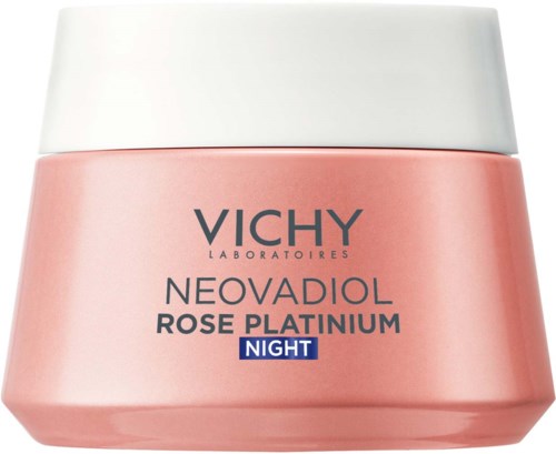 Een roze container met een witte deksel, gemarkeerd Vichy Neovadiol Rose Platinum Night.