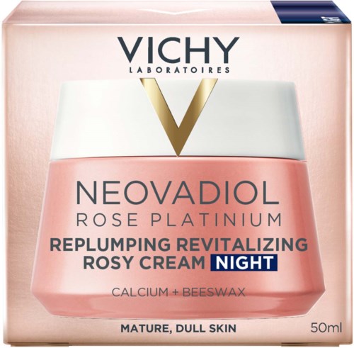 Verpakking met huidverzorgingscrème in een roze potje genaamd 'Neovadiol Rose Platinum' voor gebruik 's nachts, bevat calcium en bijenwas.