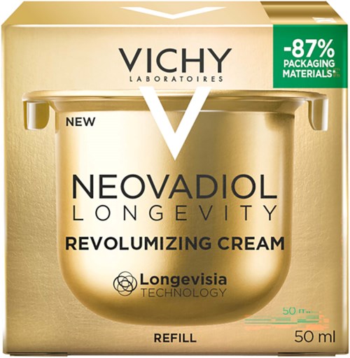Vichy Neovadiol Longevity Revolumizing Cream in gold packaging, showing product name and 50 ml size.