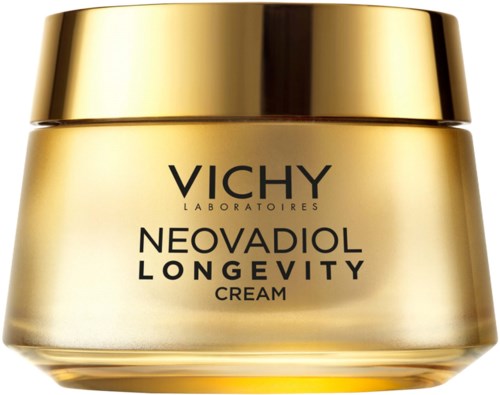 Gold-colored jar of Vichy Neovadiol Longevity Cream with a shiny gold lid.