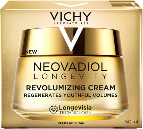 Gold and black jar of Neovadiol Longevity Revolumizing Cream from Vichy, with product details on the packaging.