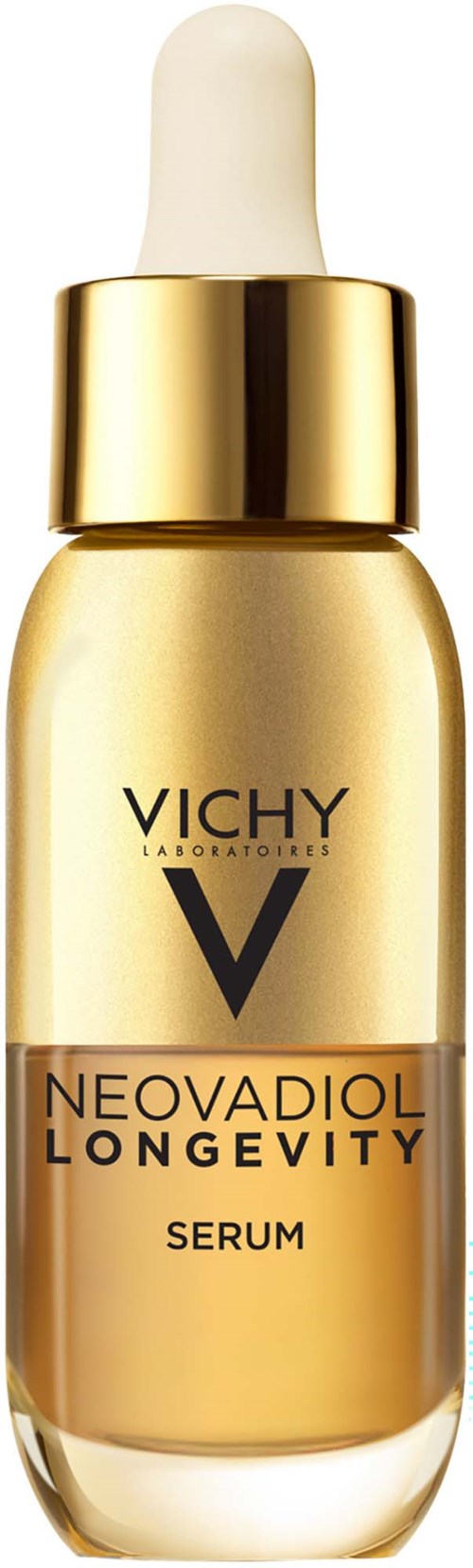 Vichy Neovadiol Longevity serum in a gold bottle with a white dropper cap.