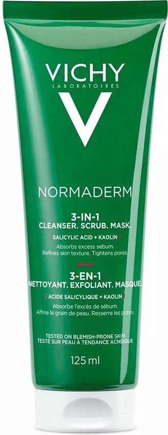 Grüne Tube von Vichy Normaderm 3-in-1 Reiniger, Peeling, Maske für fettige Haut, 125 ml.